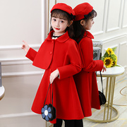女童连衣裙2023女孩时髦洋气秋冬套装，公主裙红色儿童毛呢冬裙