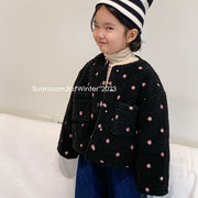 （）韩系女童复古黑色绣花毛毛衣秋冬女宝宝加厚短款外套