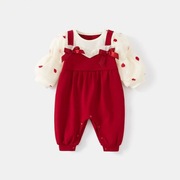 红色连体衣婴儿秋季衣服儿女宝宝长袖满月百天哈衣一周岁礼服