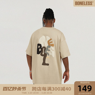 boneless树形字母变形印花短袖潮牌夏季休闲男女卡通，美式情侣t恤