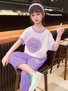 甜美韩系女童套装2024春款中大童时髦运动网红夏装儿童短袖两件潮
