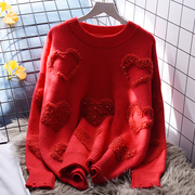红色加厚圆领套头毛衣女宽松慵懒风冬季2023韩版洋气针织上衣