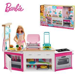 芭比娃娃梦幻厨房带声效仿真炉灶厨房餐具女孩过家家玩具FRH73