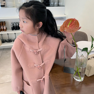 粉红色女童双面羊绒大衣23秋冬韩版高端设计师牛角扣儿童毛呢外套