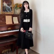 赫本风设计感法式复古气质丝绒泡泡袖小黑裙连衣裙高腰显瘦打底裙