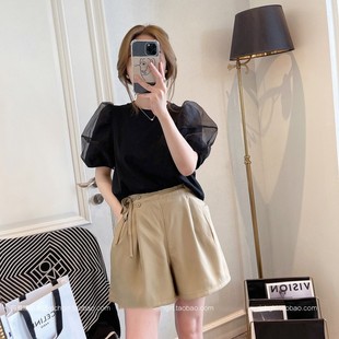 夏季法式别致上衣短袖女装韩版时尚网纱拼接泡泡袖t恤女