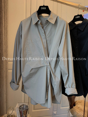 DHR 日本设计师气质错位纽扣两穿宽松纯棉长袖衬衫女上衣气质春装