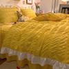 韩式风浅黄色花边款泡泡袖床单被套三件套学生床上用品床裙四件套