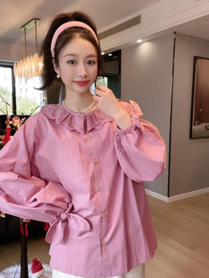 法式粉色娃娃领衬衫女春季设计感小众宽松显瘦长袖上衣