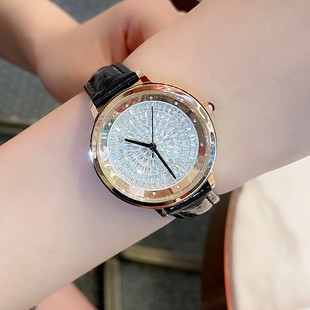 气质真皮表带女士满玫瑰金色镜面钻表钢带手表时尚石英国产腕表