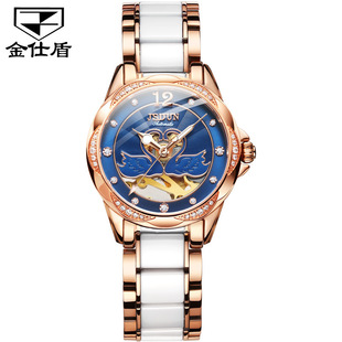 金仕盾品牌手表时尚，镶钻镂空腕表网红陶瓷机械表，防水手表女表