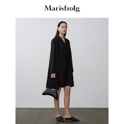 新能量黑裙玛丝菲尔秋季围巾领口设计百褶连衣裙