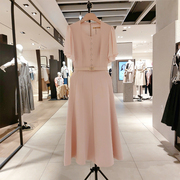 时尚韩版高级荷叶袖连衣裙2024年夏气质单排扣A字修身雪纺裙