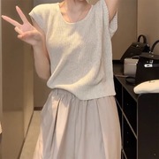 韩国圆领小飞袖冰丝针织衫女夏季薄款设计感小众无袖坎肩镂空上衣