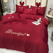 结婚四件套床上用品结婚红色喜庆被套丝滑中式床单三件套刺绣婚庆