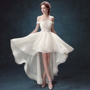 2023婚纱蕾丝花一字肩白色，新娘前短后长小拖尾婚纱礼服夏季