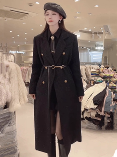 高级感显瘦黑色呢子外套女冬季韩版时尚，百搭简约加棉毛呢大衣长款