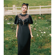 Rose Verge2023夏季 黑色级面拼需丝泡泡袖长裙 百搭 木兰
