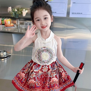 女小童古装吊带马面裙套装中国风夏季女宝宝薄款明制汉服裙两件套