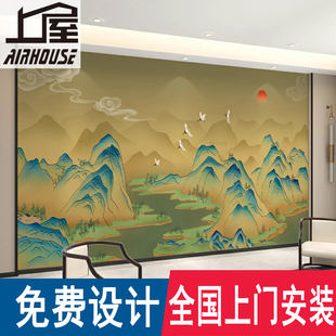 千里江山图壁纸新中式客厅沙发背景墙布山水画茶室办公室装饰壁画