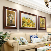 现代客厅装饰画美式三联挂画花卉，欧式沙发背景墙壁画花开富贵油画