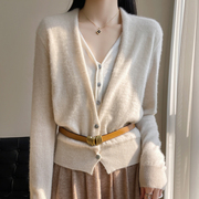 韩版春秋假两件羊毛，开衫女v领拼色针织，外搭羊绒长袖外套上衣