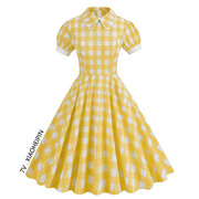 法式少女甜美港风设计感娃娃，领短袖收腰大摆中长黄色格子连衣裙夏