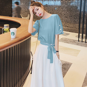 法式高级感蓝白拼色假两件连衣裙女夏季2023气质显瘦休闲长裙