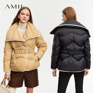 Amii短款大反领羽绒服女冬季2023设计感外套加厚翻领小款收腰