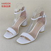 哈森女鞋夏季法式一字带凉鞋仙女风休闲气质粗跟百搭羊皮鞋子