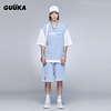 GUUKA冰蓝色假两件重磅短袖T恤短裤 学生嘻哈华夫格两件套装男