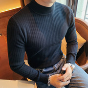 半高领条纹毛衣男士春季韩版修身中领针织，打底衫英伦潮流休闲线衫