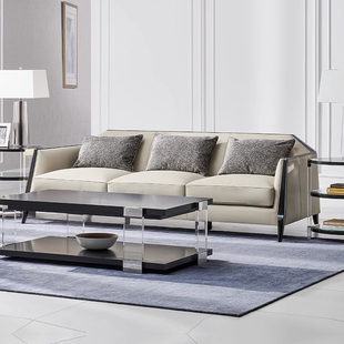 art美式实木h时尚轮廓三人，沙发新中式禅意真皮沙发客厅小户型沙发