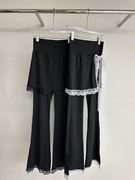韩国小众设计个性蕾丝接拼假两件松紧腰，打底裙裤休闲裤微喇叭长裤