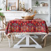 红色波西米亚餐桌布棉麻复古摩洛哥风情新年圆台布美式轻奢高级感