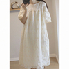 日韩品牌女装蕾丝刺绣棉麻连衣裙女短袖娃娃裙亚麻长裙子