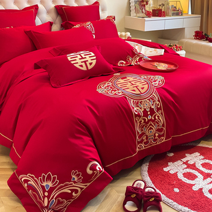 高档中式龙凤刺绣大红色，婚庆四件套纯棉六件床单，被套床上用品床笠