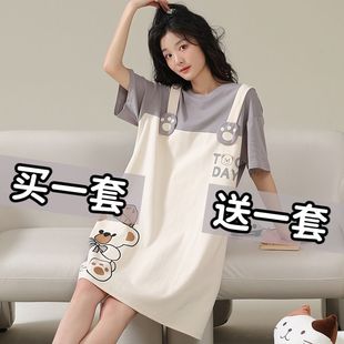 买一送一睡裙女夏季纯棉短袖，韩版卡通中长款外穿宽松大码睡衣