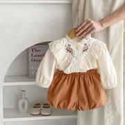 宝宝春季衣服婴幼儿0-3岁女童绣上衣短裤2件套装外出服洋气