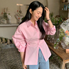 韩国chic春季法式甜美翻领系扣收腰设计休闲纯色长袖衬衫上衣女