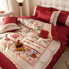 新中式印花婚庆四件套红色结婚纯棉，被套床单全棉喜被高档床上用品