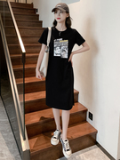 黑色t恤连衣裙女2024夏季高级感短袖，宽松显瘦遮肚子法式中长裙子