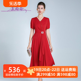 红色v领钉珠雪纺连衣裙女2024夏季时尚，透气收腰显瘦短袖a字裙