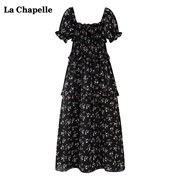 拉夏贝尔lachapelle夏季黑色碎花，连衣裙女方领泡泡，袖a字中长裙