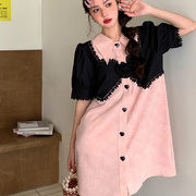 M0740夏季粉色铅笔单排扣衬衣裙子翻领短裙名媛优雅连衣裙ins高级