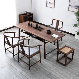 新中式茶桌椅组合实木黑胡桃木老榆木书桌画案禅意茶台茶室办公桌