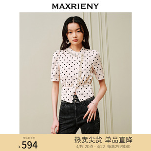 maxrieny精致复古氛围感黑白，波点雪纺衫，23修身显瘦上衣