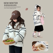 韩版女童条纹连帽加厚外套2023冬装洋气加绒儿童复古冬季保暖棉衣