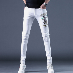 香港男士高端刺绣烫钻印花白色，牛仔裤男潮牌修身小脚弹力时尚裤子