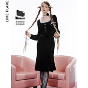 莱茵福莱尔法式复古方，领丝绒连衣裙，2023冬季鱼尾裙摆小黑裙女